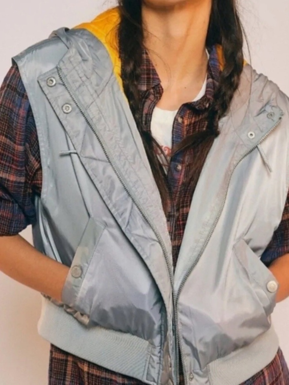 We The Free Light Gray Hooded Puffer Vest with Yellow Lining